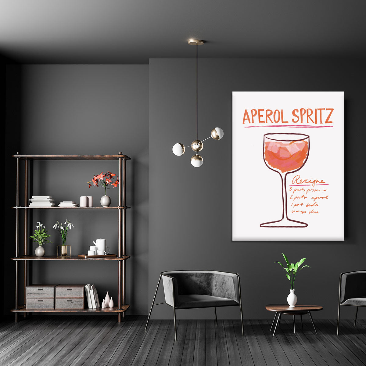 A vibrant canvas print featuring a Recipe Aperol Spritz cocktail, showcasing bright orange and yellow colors with a stylish design.