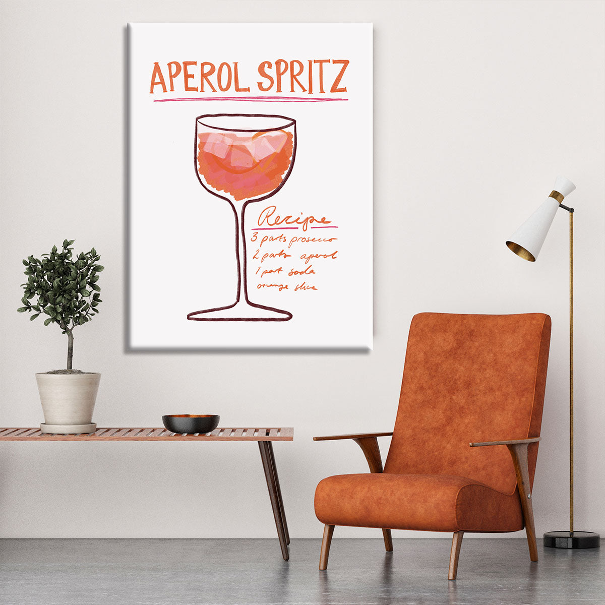 A vibrant canvas print featuring a Recipe Aperol Spritz cocktail, showcasing bright orange and yellow colors with a stylish design.