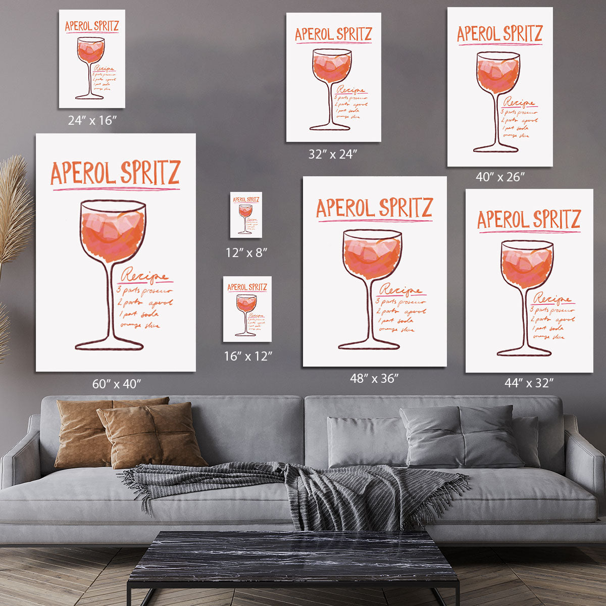 A vibrant canvas print featuring a Recipe Aperol Spritz cocktail, showcasing bright orange and yellow colors with a stylish design.