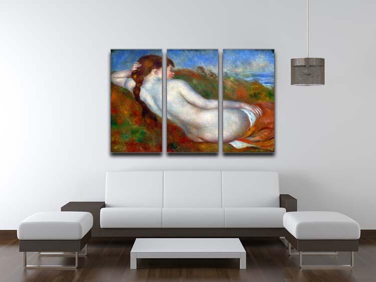 Three-panel canvas print of Renoir's Reclining Nude, showcasing vibrant colors and intricate details.
