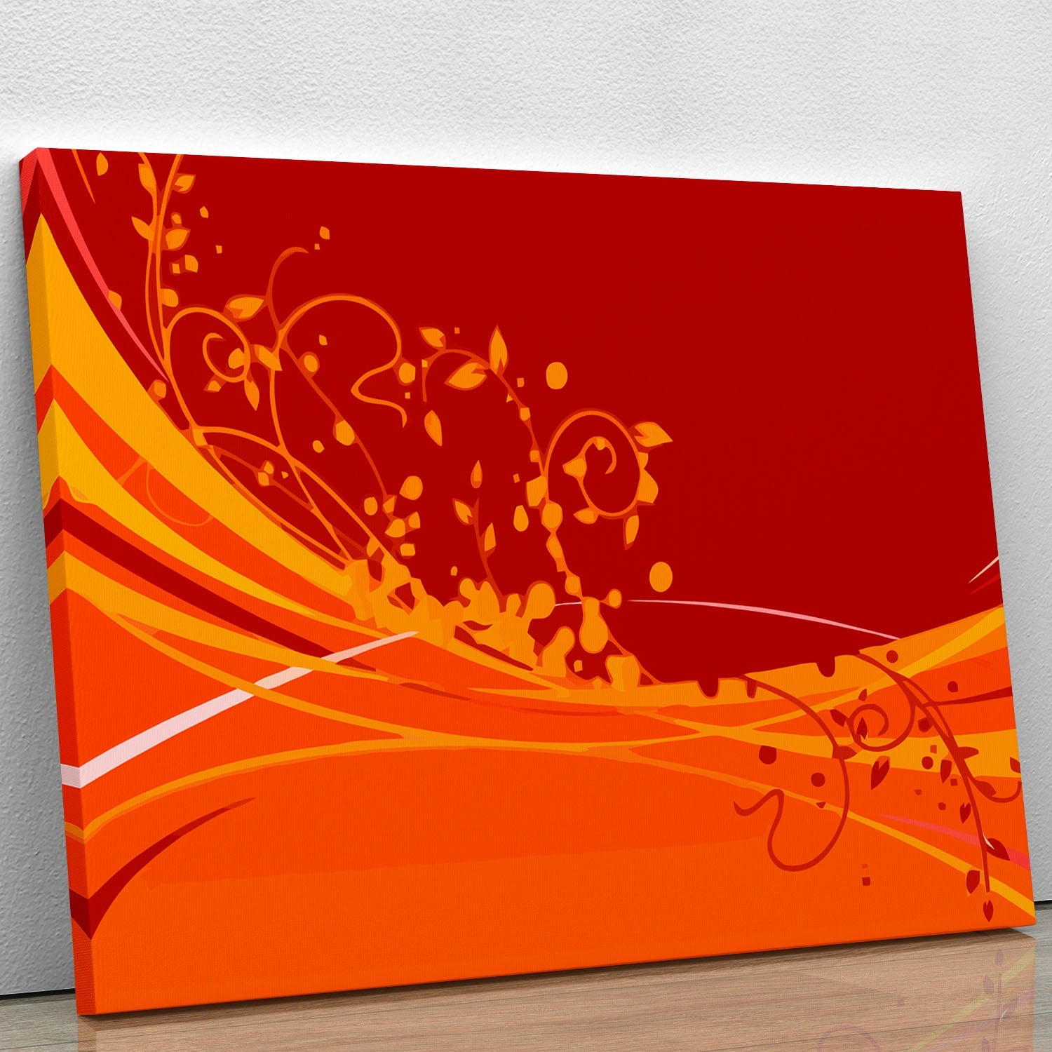 A vibrant red abstract canvas print showcasing bold shapes and colors, perfect for modern decor.
