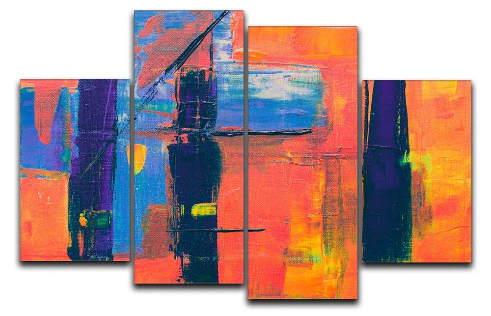 A vibrant red and blue abstract painting divided into four equal canvas panels, showcasing dynamic colors and modern design.