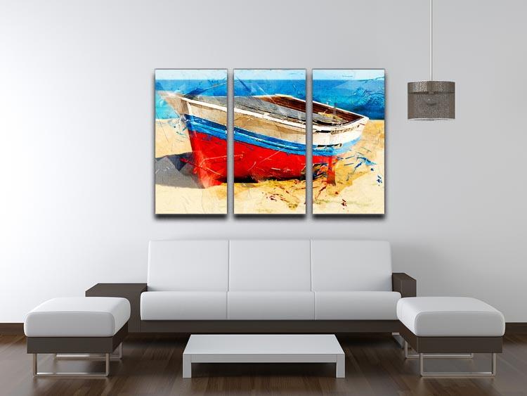 Red Boat 3 Split Panel Canvas Print featuring three high-quality canvases with a cohesive design, perfect for home or office decor.