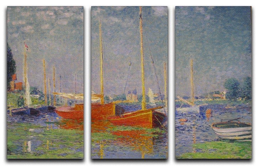 Three-panel canvas print of Monet's Red Boats at Argenteuil, showcasing vibrant colors and intricate details.