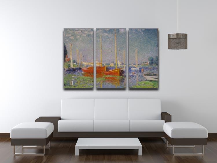 Three-panel canvas print of Monet's Red Boats at Argenteuil, showcasing vibrant colors and intricate details.