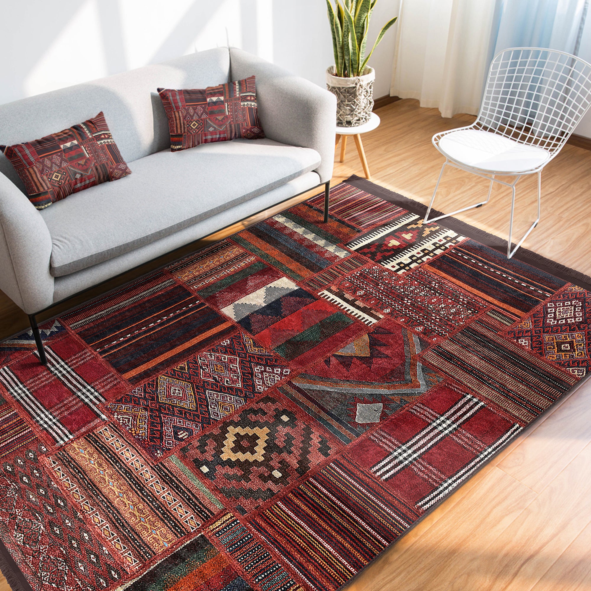 Red Colour Classic Living Room Washable Area Rug with fringes, showcasing a traditional design and non-skid rubber backing.