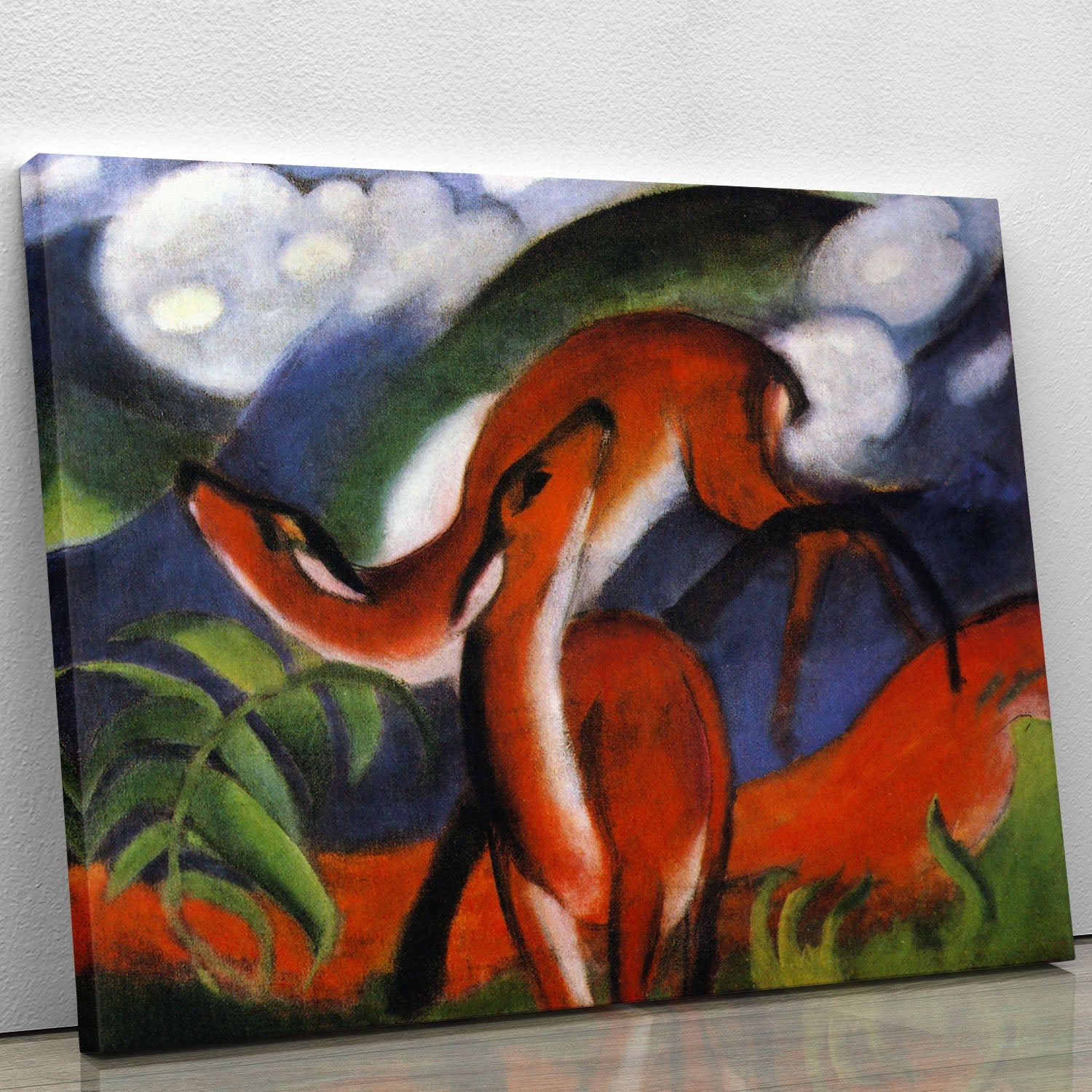 Canvas print of 'Red Deer II' by Franz Marc featuring vibrant colors and abstract deer design, perfect for home decor.
