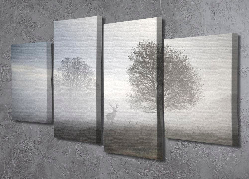 A beautiful 4 split panel canvas featuring a red deer stag in a foggy autumn landscape, showcasing vibrant colors and serene nature.