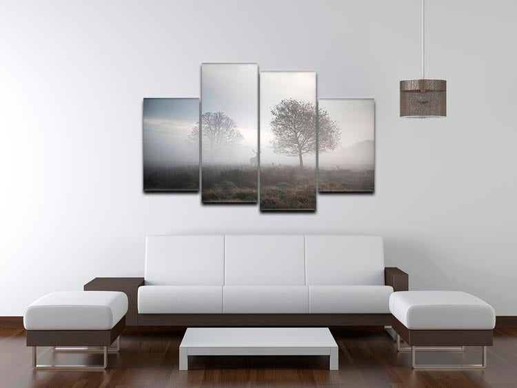 A beautiful 4 split panel canvas featuring a red deer stag in a foggy autumn landscape, showcasing vibrant colors and serene nature.