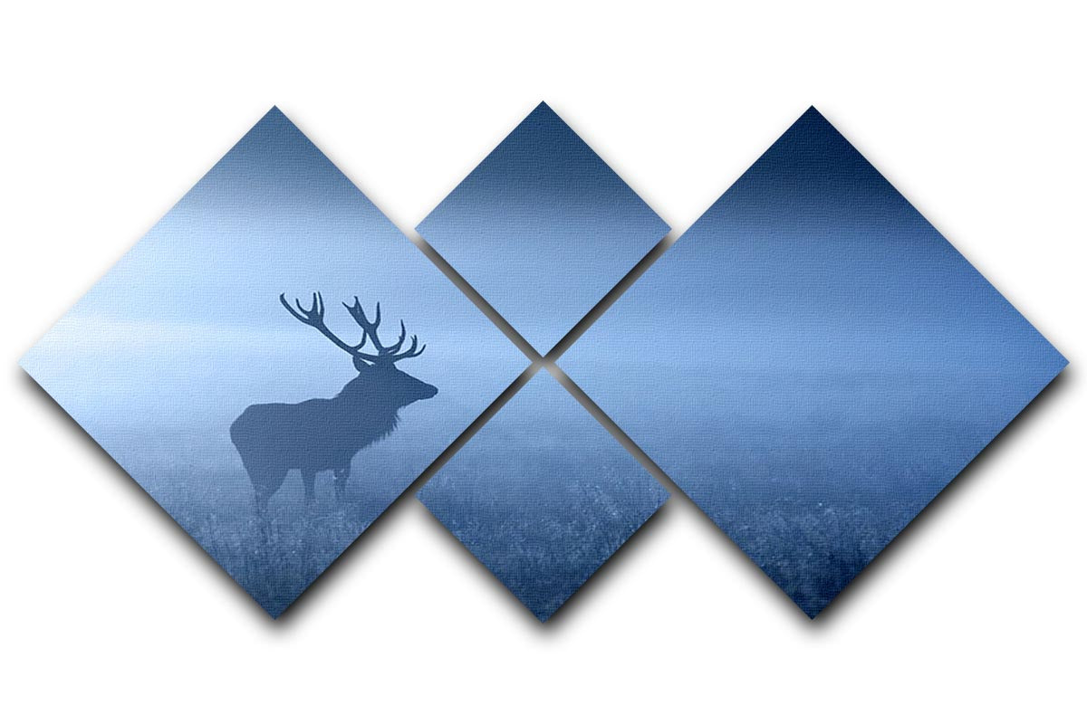 A beautiful multi-panel canvas artwork featuring a red deer stag silhouette, divided into four equal square sections, showcasing nature's elegance.