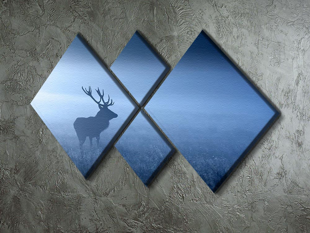 A beautiful multi-panel canvas artwork featuring a red deer stag silhouette, divided into four equal square sections, showcasing nature's elegance.