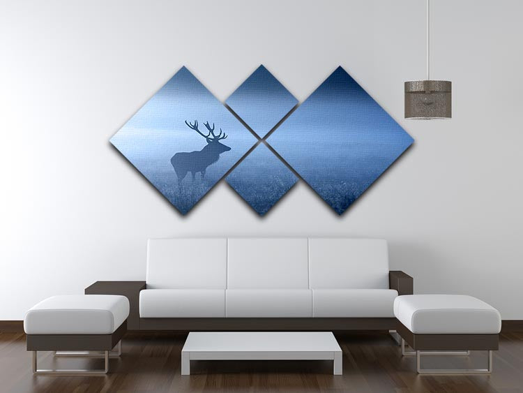 A beautiful multi-panel canvas artwork featuring a red deer stag silhouette, divided into four equal square sections, showcasing nature's elegance.