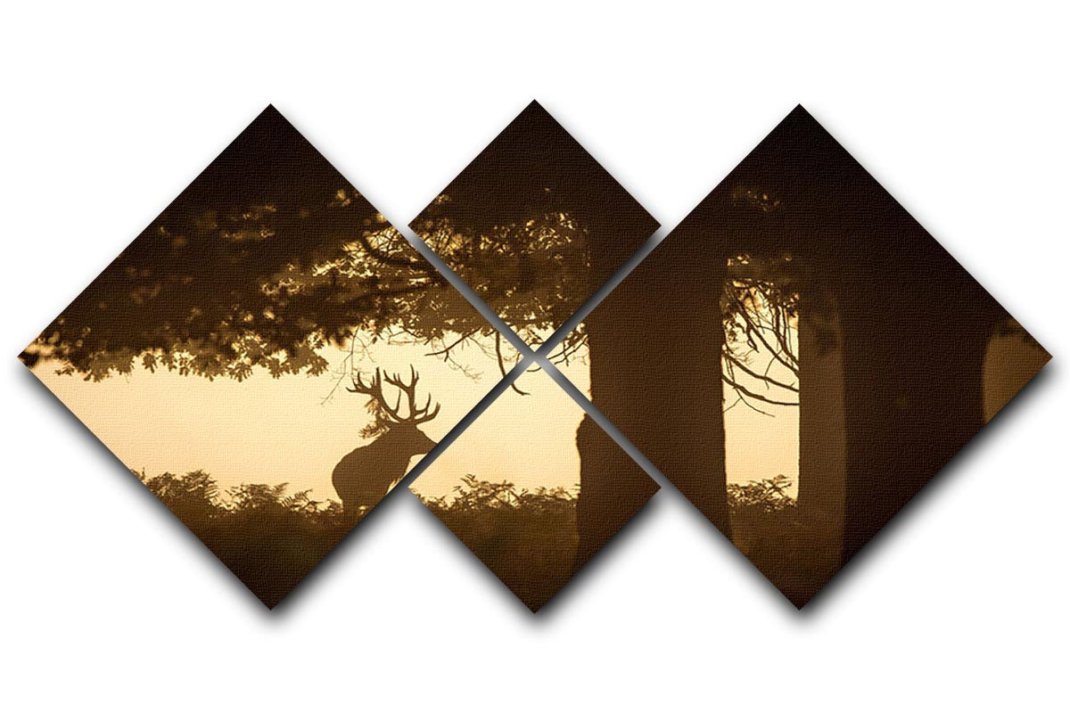 A beautiful 4-square canvas featuring a red deer stag silhouette in a forest setting, showcasing nature's elegance.