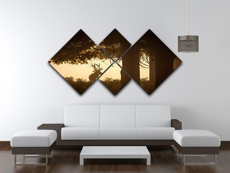 A beautiful 4-square canvas featuring a red deer stag silhouette in a forest setting, showcasing nature's elegance.