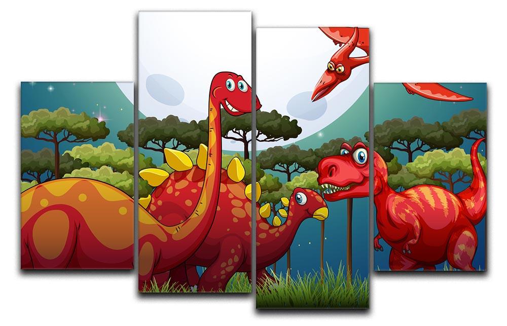 A vibrant 4-panel canvas artwork featuring red dinosaurs under a full moon, showcasing a whimsical and adventurous theme.