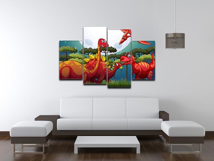 A vibrant 4-panel canvas artwork featuring red dinosaurs under a full moon, showcasing a whimsical and adventurous theme.