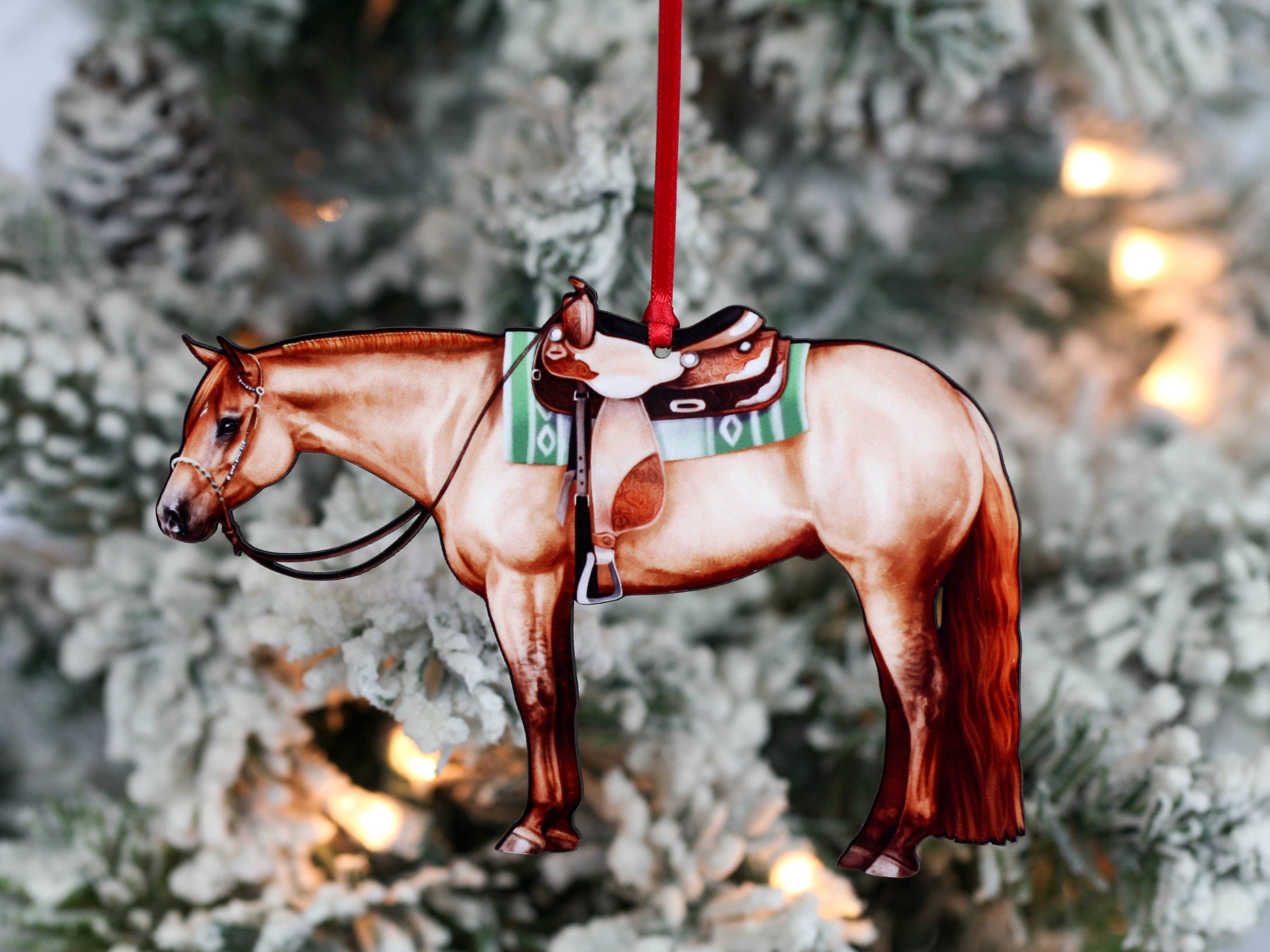Red Dun Western Pleasure Quarter Horse ornament made of composite wood, featuring a glossy front and dark brown back, with red and black ribbons for hanging.