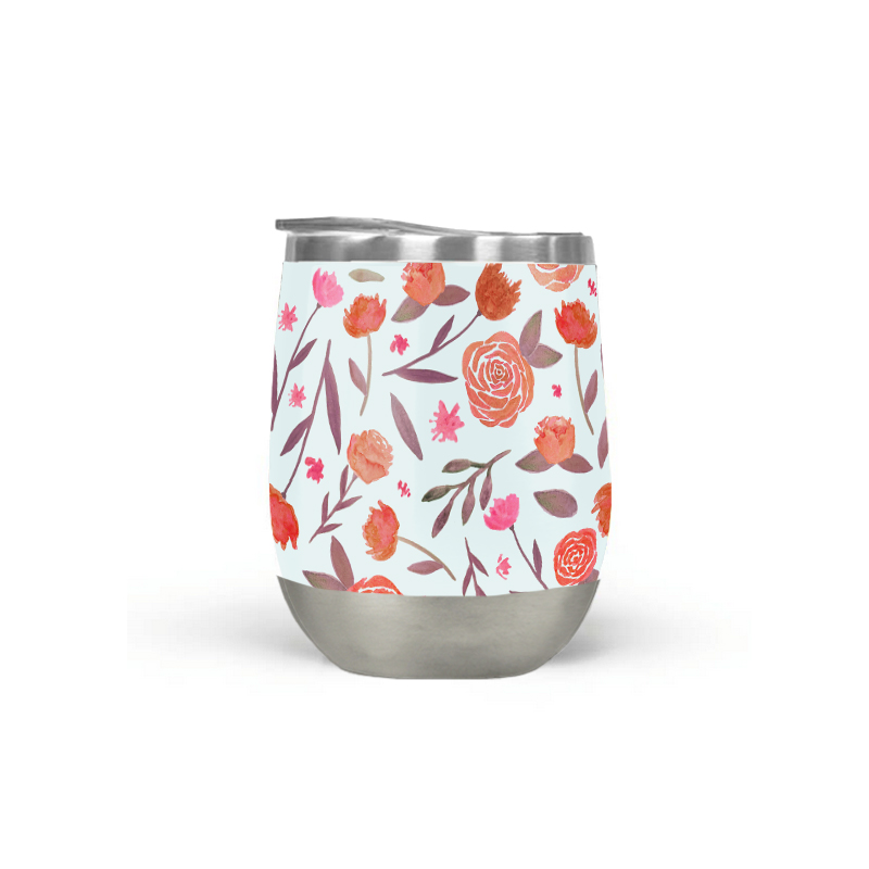 A stylish red floral wine tumbler made of stainless steel, featuring a double-wall design and a plastic lid, perfect for outdoor use.