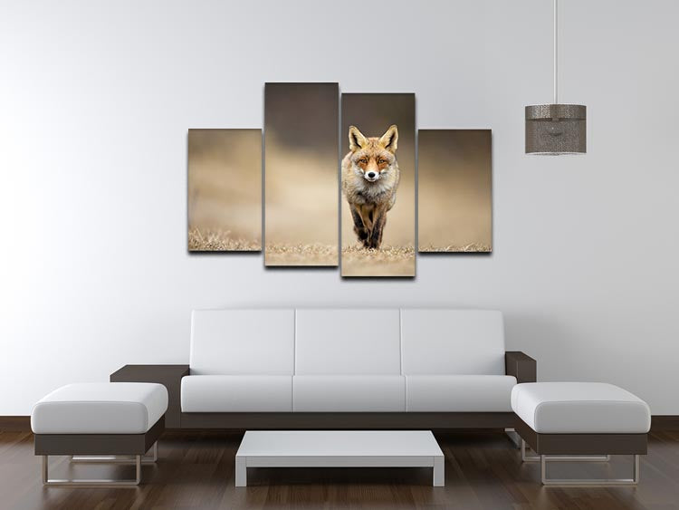 A stunning 4-split canvas artwork featuring a red fox, showcasing its beauty across four panels.
