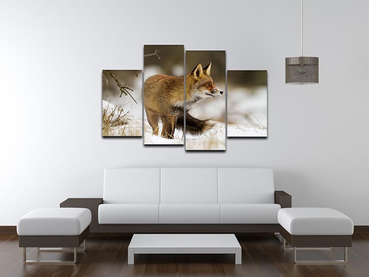 A beautiful 4-split canvas artwork featuring a red fox in a winter landscape, showcasing vibrant colors and intricate details.