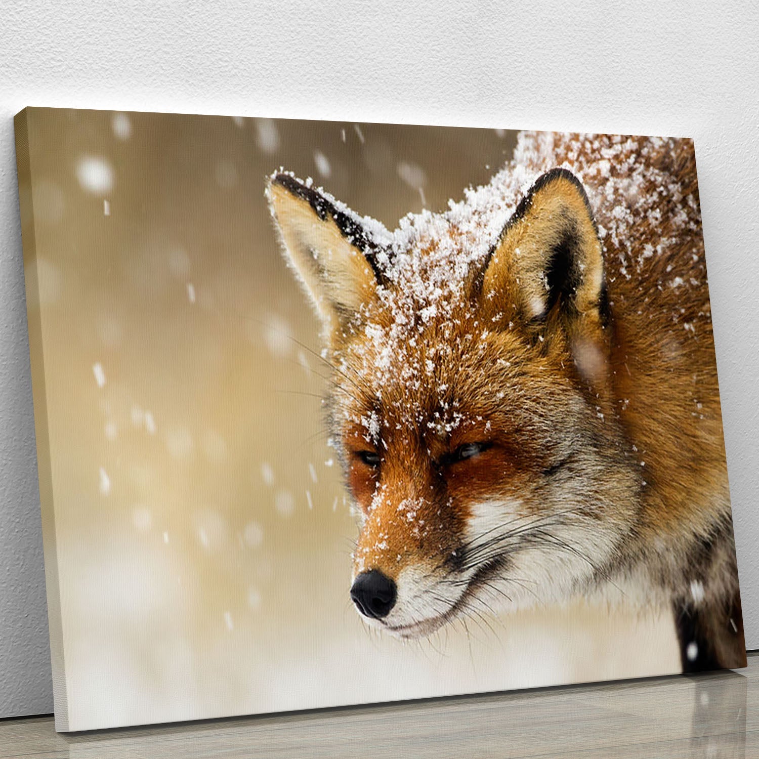 A beautiful canvas print of a red fox in a winter landscape, showcasing its vibrant fur against a snowy background.
