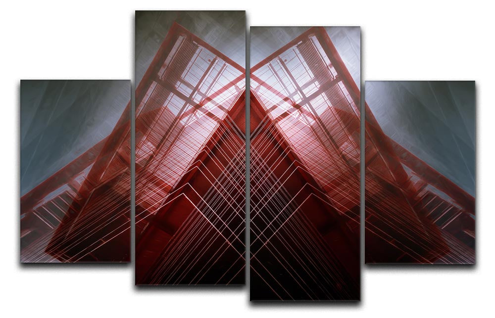 A vibrant red geometric design split into four canvas panels, showcasing modern art for home decor.