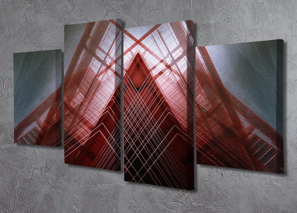 A vibrant red geometric design split into four canvas panels, showcasing modern art for home decor.