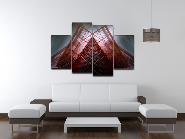 A vibrant red geometric design split into four canvas panels, showcasing modern art for home decor.