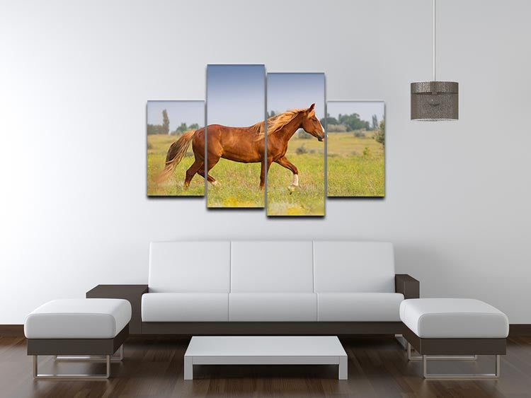A vibrant red horse with a long mane displayed on a 4-split canvas artwork, showcasing dynamic and elegant design.