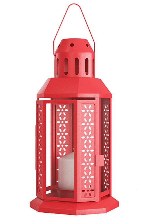 A vibrant red metal miners lantern designed for tealight candles, featuring a solid loop for hanging, perfect for weddings and home decor.