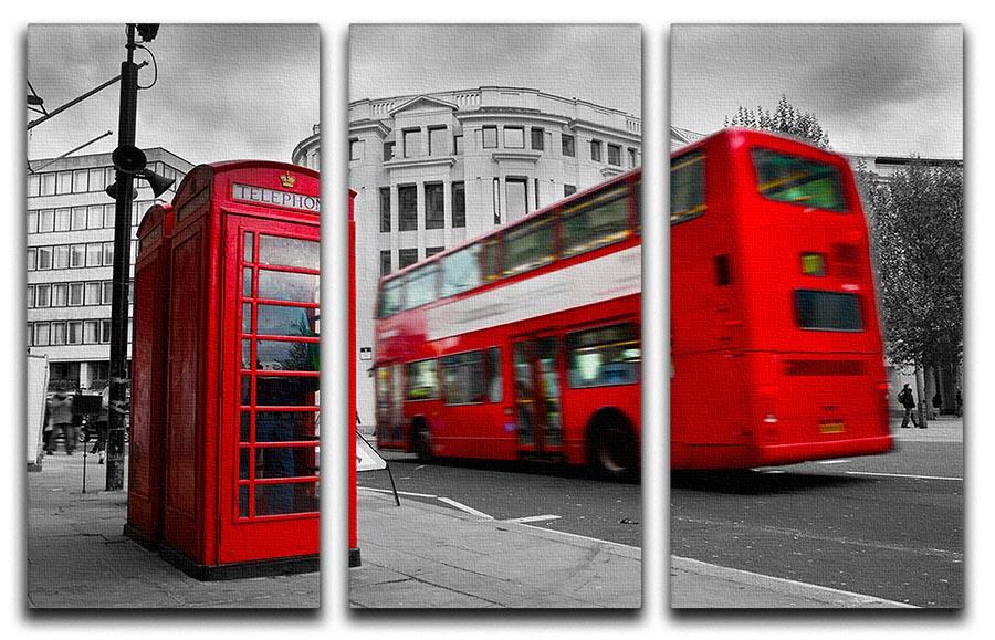 A vibrant 3-panel canvas print featuring a red phone booth and a red bus, perfect for home decor.