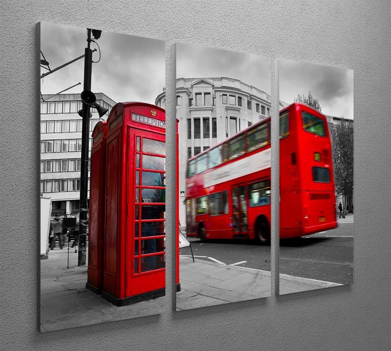 A vibrant 3-panel canvas print featuring a red phone booth and a red bus, perfect for home decor.