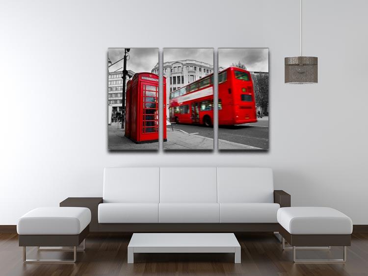 A vibrant 3-panel canvas print featuring a red phone booth and a red bus, perfect for home decor.