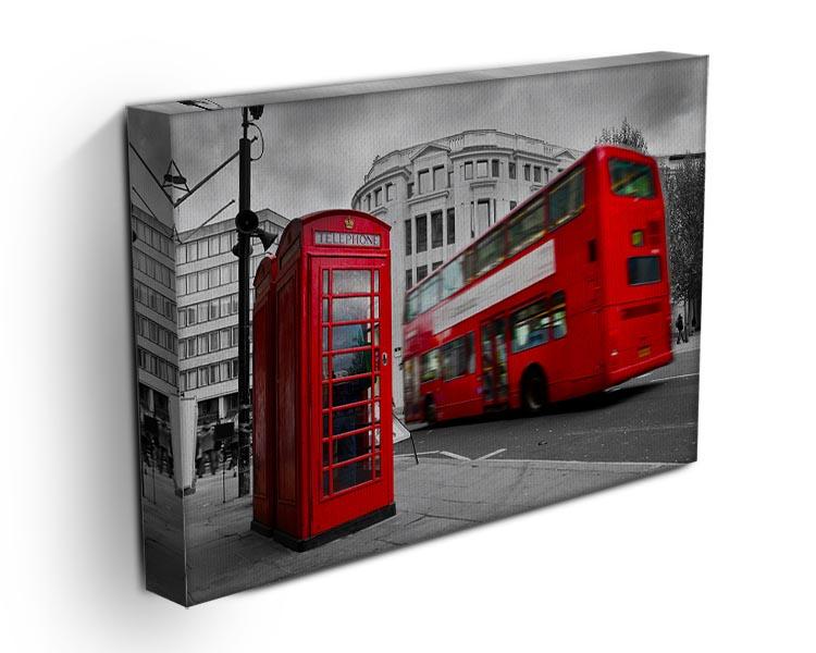 A vibrant canvas print featuring a classic red phone booth and red double-decker bus, symbolizing London charm and culture.