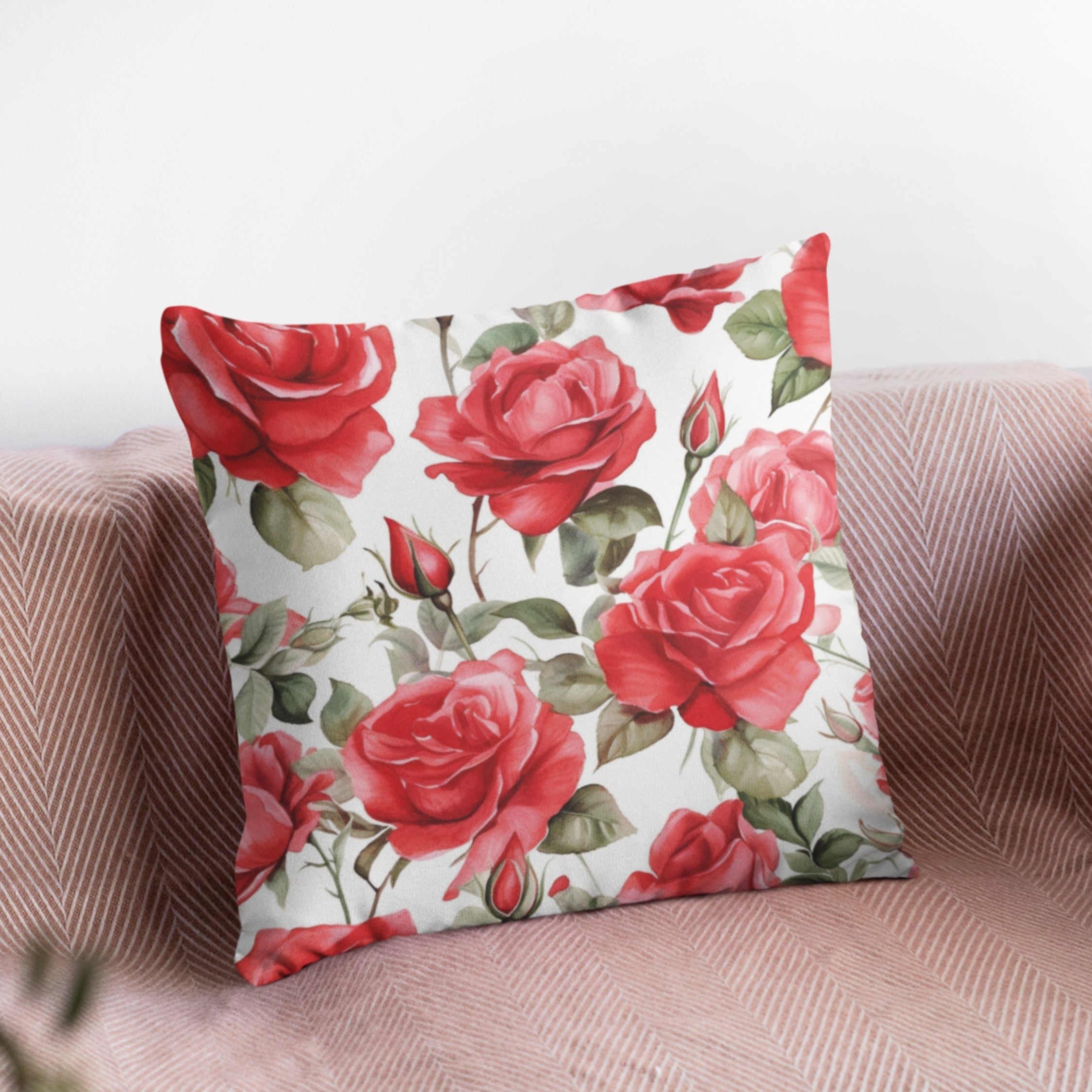 Red Rose Floral Throw Pillow with vibrant rose design on one side and light cream back, perfect for home decor.