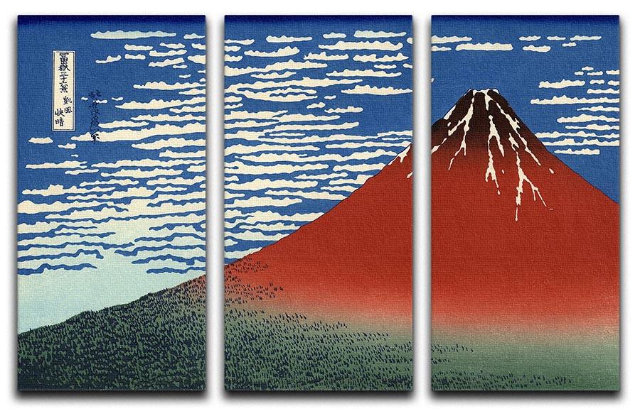 Three-panel canvas art depicting Red Southern Wind on Fiji by Hokusai, showcasing vibrant colors and intricate details.