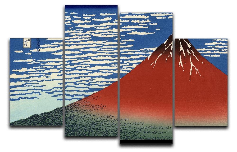 A vibrant 4-split canvas artwork depicting Hokusai's Red Southern Wind on Fiji, showcasing dynamic colors and intricate details across four panels.