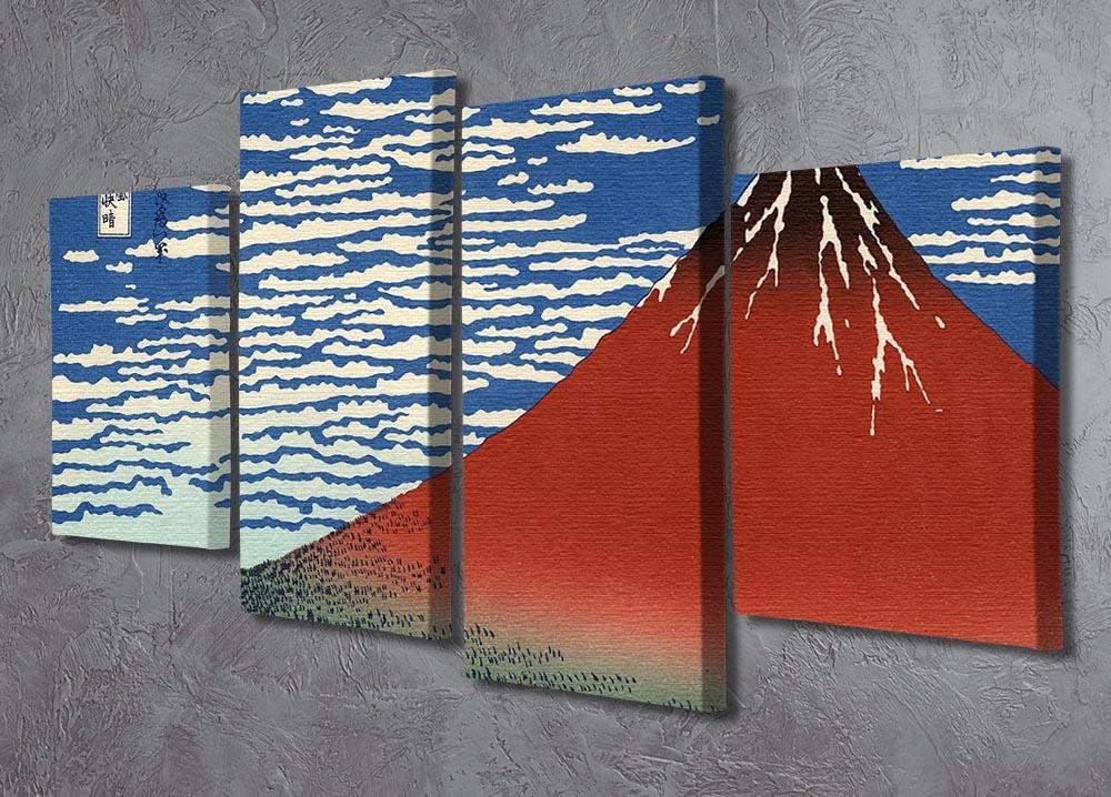 A vibrant 4-split canvas artwork depicting Hokusai's Red Southern Wind on Fiji, showcasing dynamic colors and intricate details across four panels.