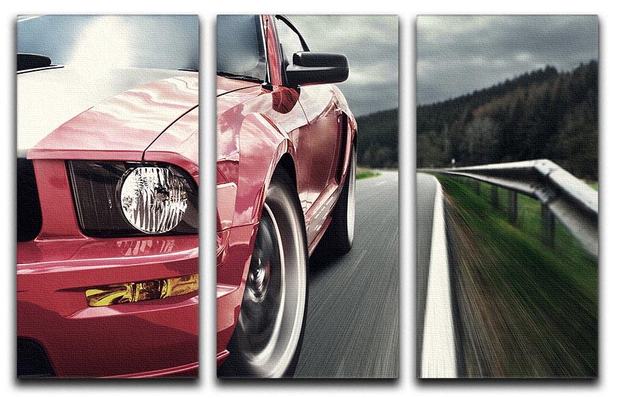 A vibrant red sport car depicted in a stunning 3-panel canvas print, showcasing dynamic angles and sleek design.