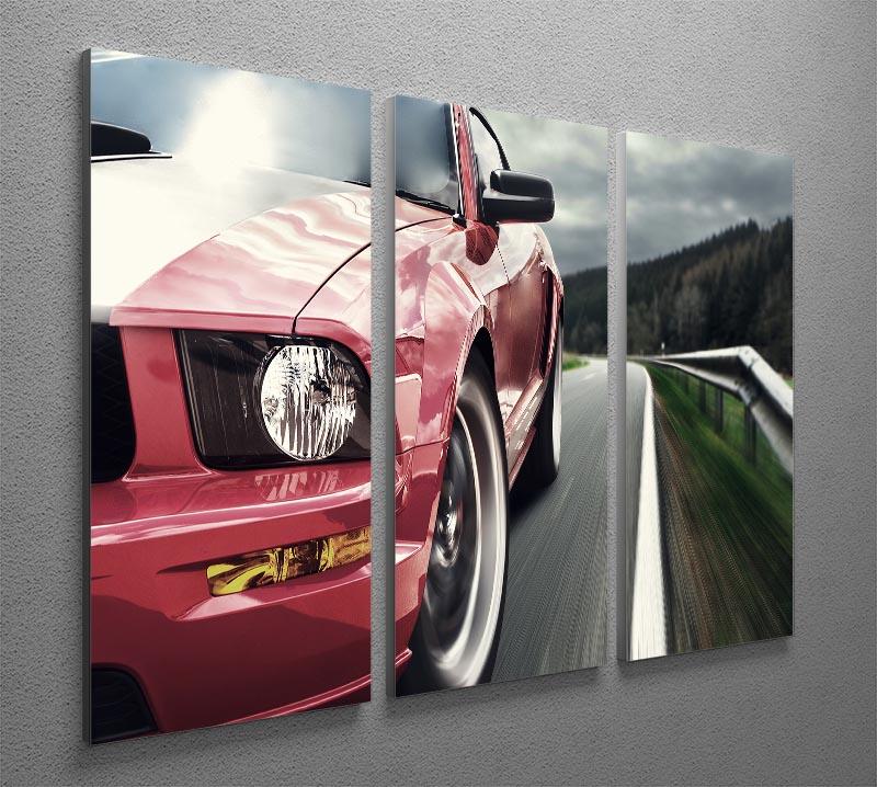 A vibrant red sport car depicted in a stunning 3-panel canvas print, showcasing dynamic angles and sleek design.