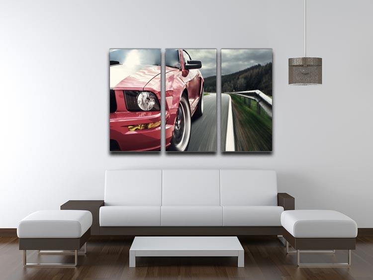 A vibrant red sport car depicted in a stunning 3-panel canvas print, showcasing dynamic angles and sleek design.