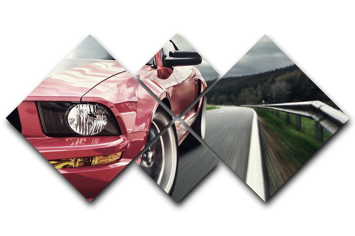 A vibrant red sport car depicted on a four-panel canvas artwork, showcasing dynamic design and modern aesthetics.