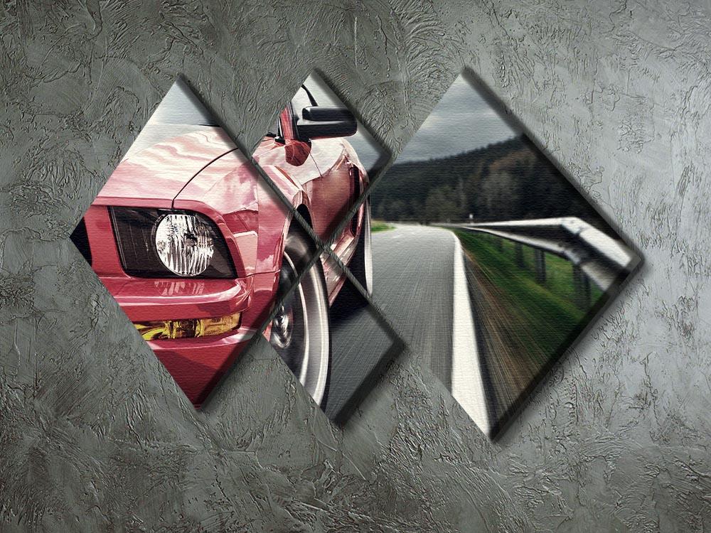 A vibrant red sport car depicted on a four-panel canvas artwork, showcasing dynamic design and modern aesthetics.