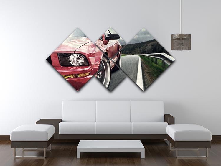 A vibrant red sport car depicted on a four-panel canvas artwork, showcasing dynamic design and modern aesthetics.