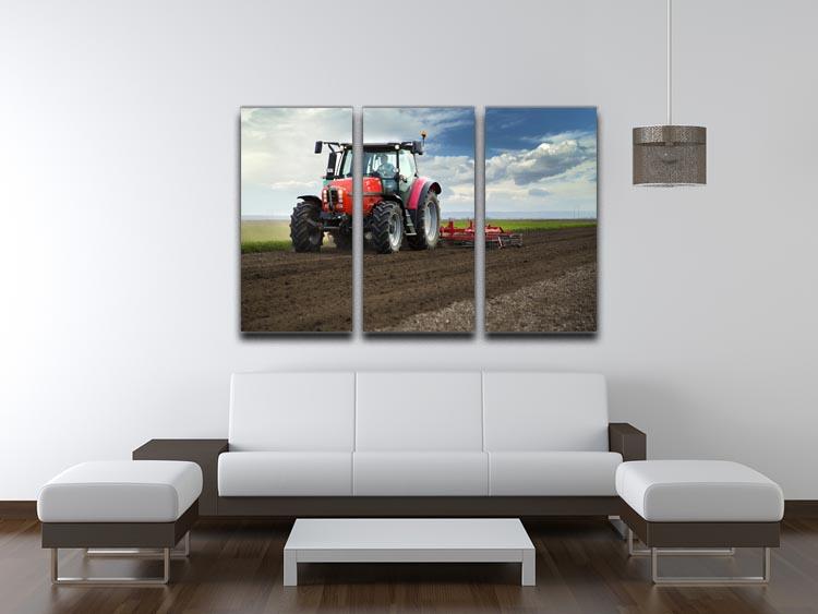 Red Tractor 3 Split Panel Canvas Print showcasing a vibrant tractor design across three canvases.