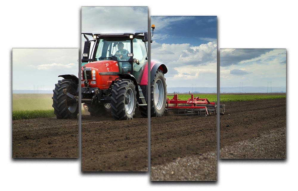 A vibrant Red Tractor 4 Split Panel Canvas artwork, showcasing a tractor in a picturesque rural setting, divided into four equal sections.