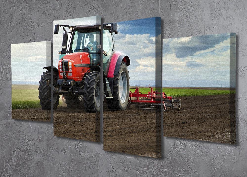 A vibrant Red Tractor 4 Split Panel Canvas artwork, showcasing a tractor in a picturesque rural setting, divided into four equal sections.