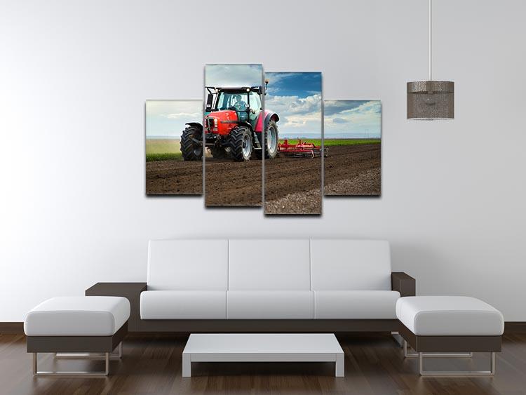 A vibrant Red Tractor 4 Split Panel Canvas artwork, showcasing a tractor in a picturesque rural setting, divided into four equal sections.