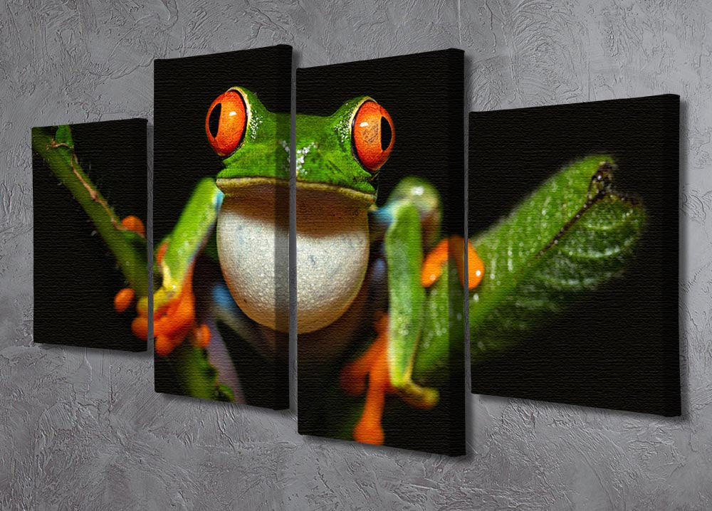 A vibrant Red-eyed tree frog artwork displayed on a 4-split canvas, showcasing its colorful features and dynamic arrangement.