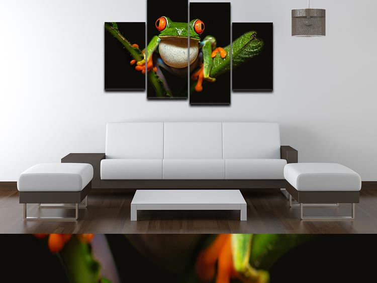 A vibrant Red-eyed tree frog artwork displayed on a 4-split canvas, showcasing its colorful features and dynamic arrangement.
